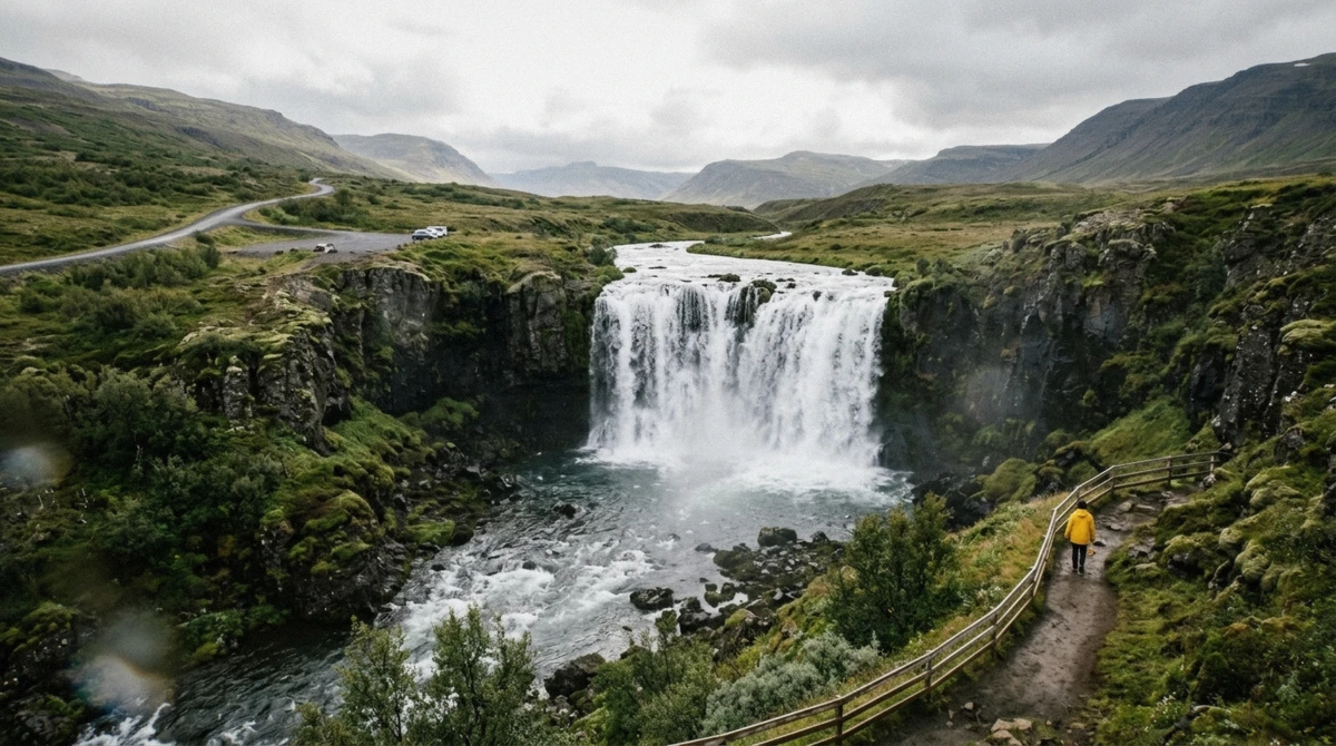 Gufufoss waterfall dropping beside Route 93 in the Seydisfjordur valley in summer