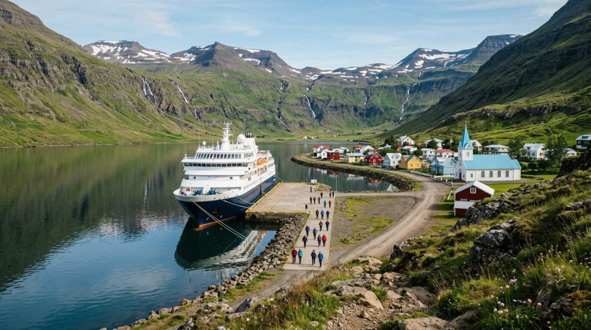 A cruise ship alongside the quay at the head of the Seydisfjordur fjord in East Iceland with the town along the shore