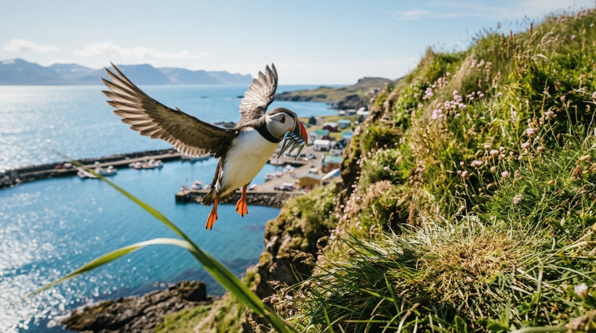 An Atlantic puffin landing on a sunlit turf slope in Iceland with a beakful of sand eels during the nesting season