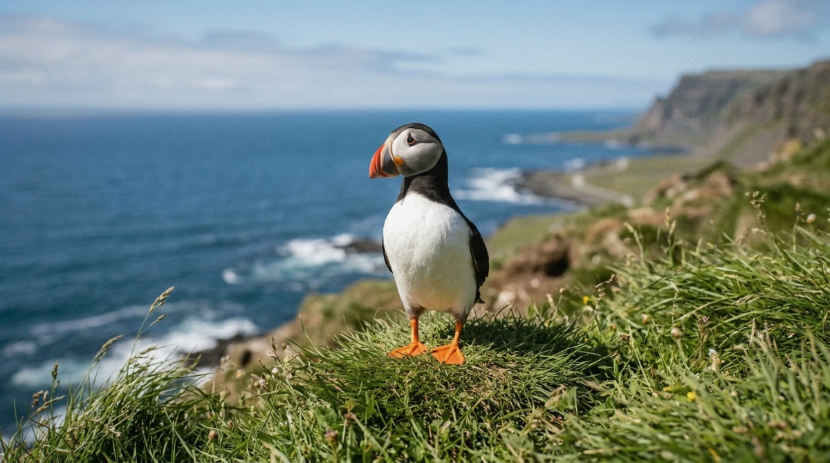 An Atlantic puffin standing on a sunlit clifftop above the sea in Iceland, with orange feet and a striped beak