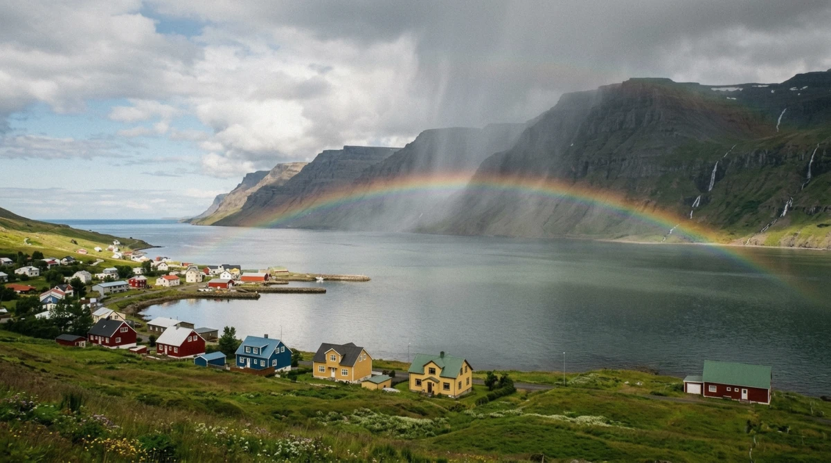 Sunshine and a rain squall over the fjord at Seydisfjordur with a rainbow above the water