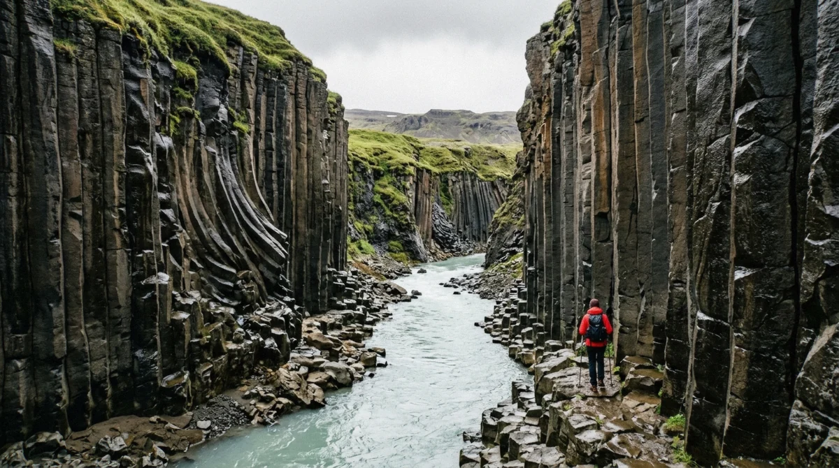 Basalt columns rising above the turquoise glacial river at Studlagil Canyon, the main destination of canyon Seydisfjordur tours in East Iceland