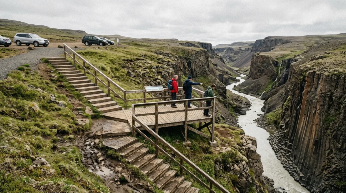 The metal staircase and viewing platform above Studlagil Canyon on the west side at the farm Grund