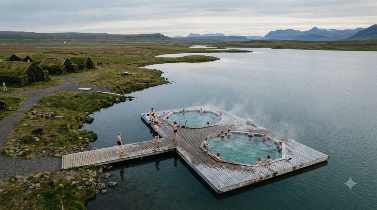Two hexagonal geothermal pools floating on Lake Urridavatn at Vok Baths in East Iceland with steam rising off the water